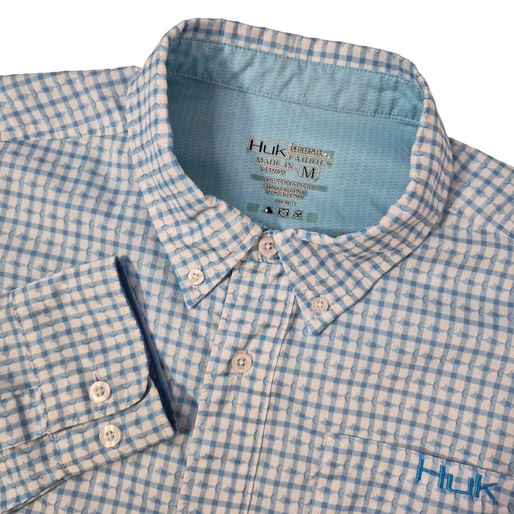 Huk Fishing Shirt Mens Medium Blue Gingham Plaid Performance Gorpcore Polyester‎